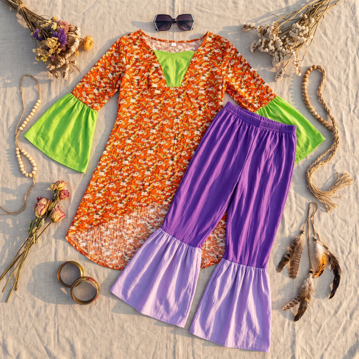 Seventies costume with bright green flared sleeves in a party setting