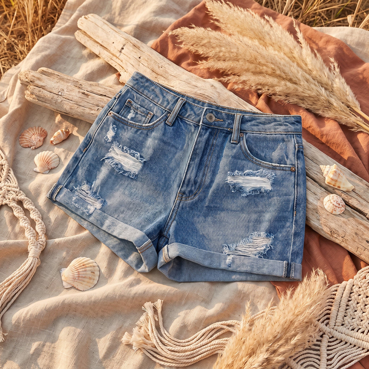 Verwaschene Denim-Shorts mit umgeschlagenen Säumen in sommerlicher Kulisse