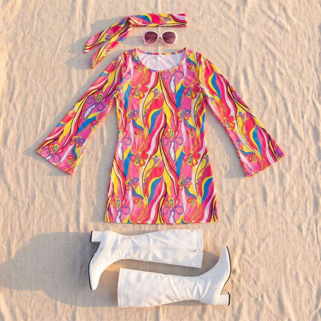 Tie dye -mekko ja yhteensopiva hiuspanta tunnelmakuvassa