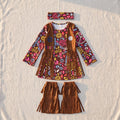 Disfraz hippie de niña con vestido floral y chaleco de flecos