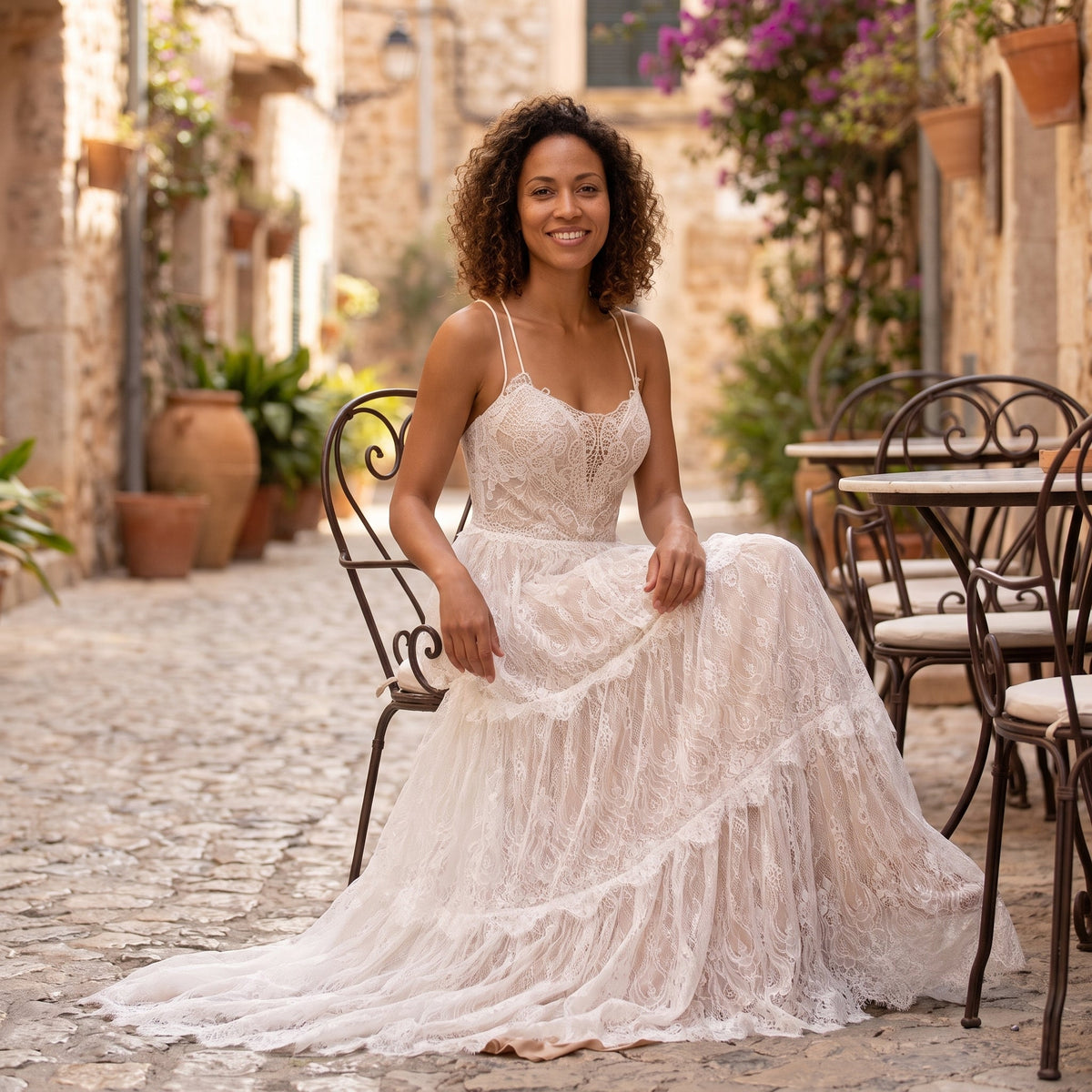 Smiling model in lace wedding dress on a Mediterranean terrace