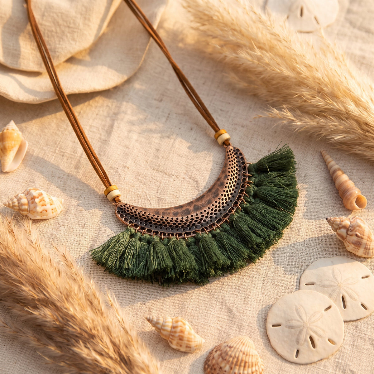 Fringed bib necklace styled in a boho lifestyle setting