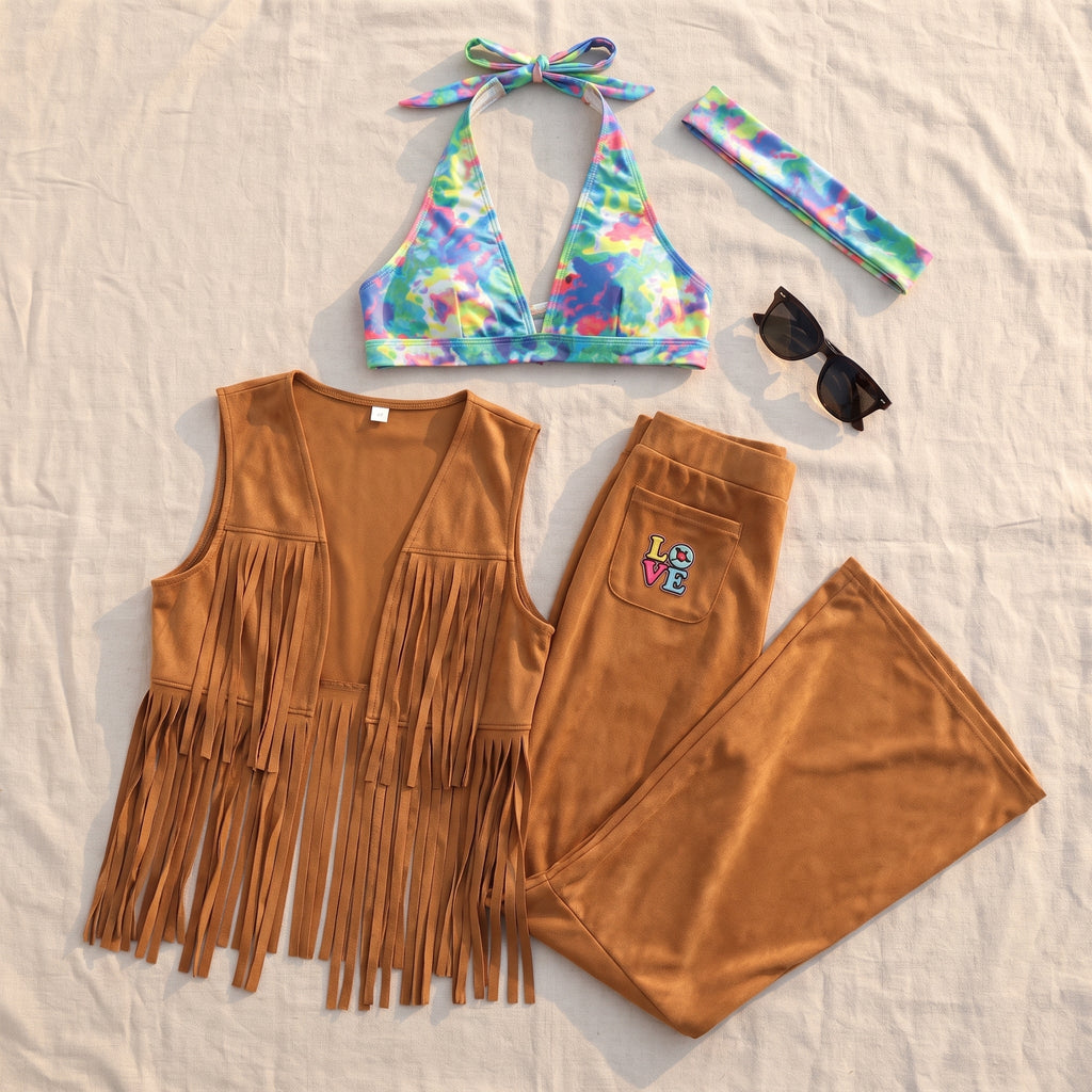 Model posing in the camel fringe vest and flared pants
