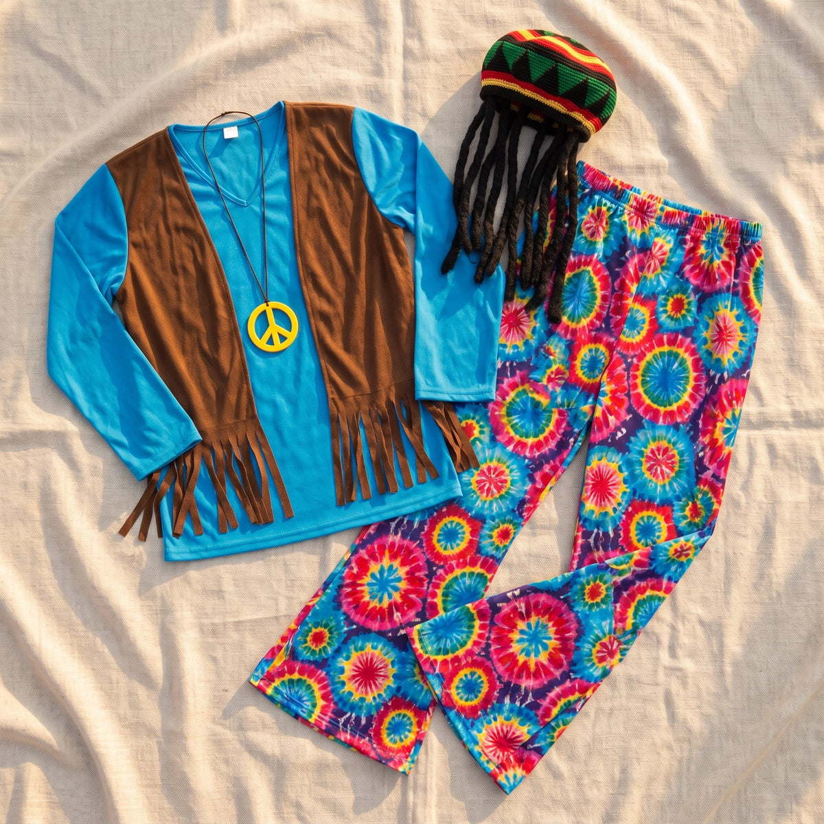 Hippie costume with fringe vest and tie-dye pants in a party setting