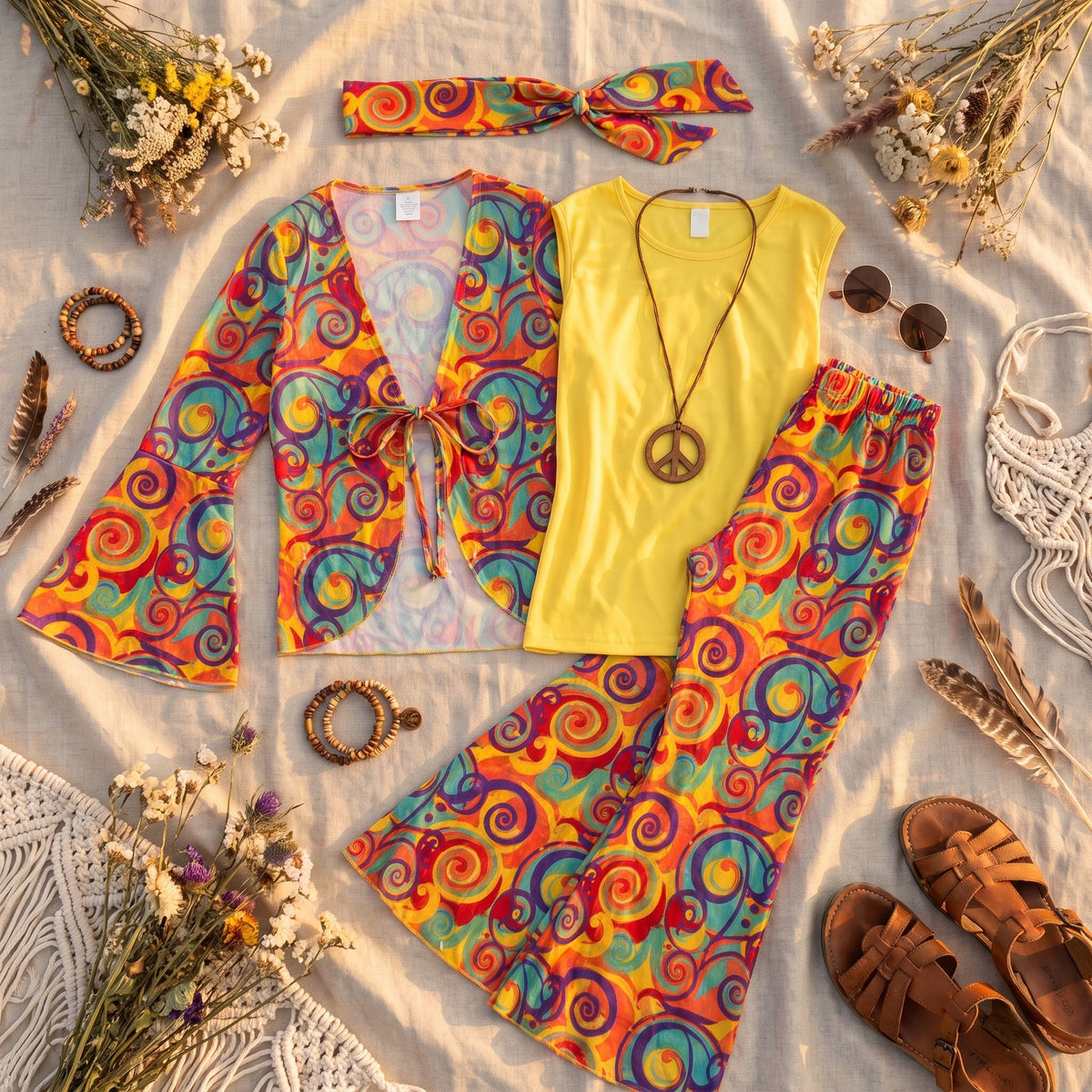 Psychedelic swirl print 70s costume in a lifestyle setting