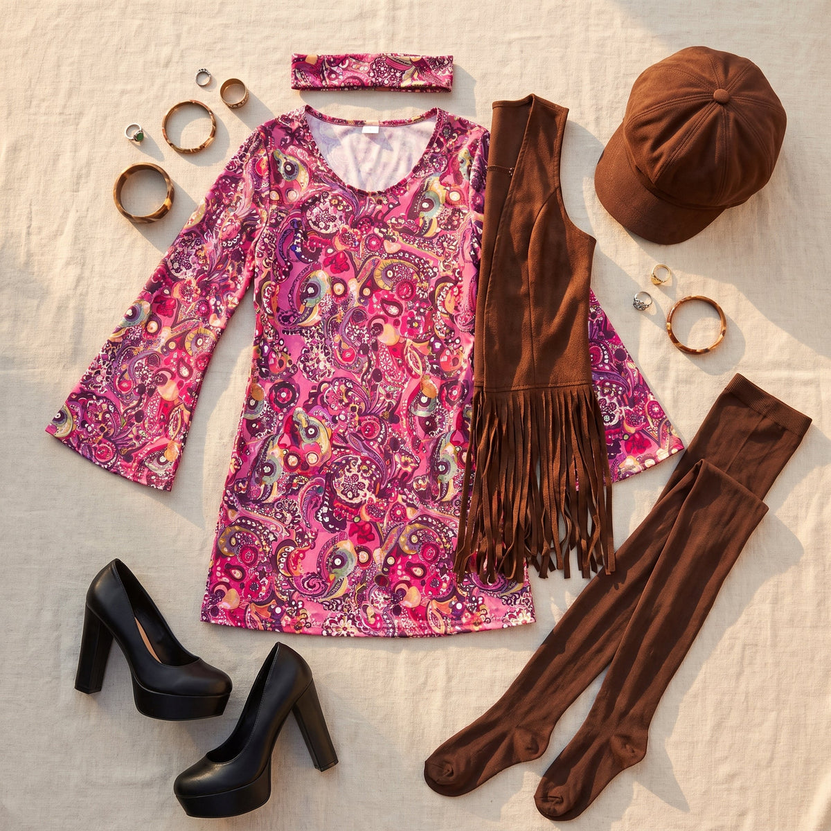 Seventies fringe vest costume and newsboy hat in a lifestyle setting