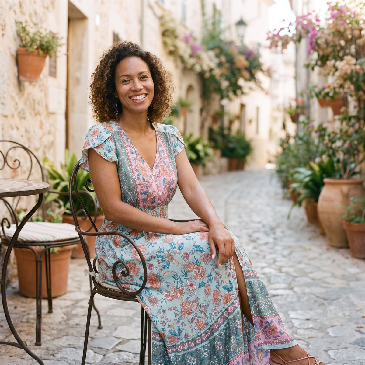 Smiling model seated on a terrace in the floral boho dress