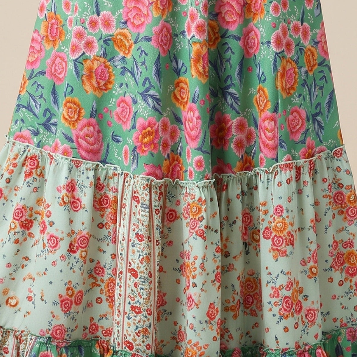 Detail of the floral print and smocked waist with pompoms