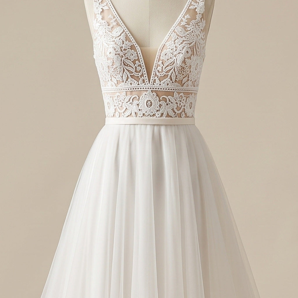 Close-up of applique floral lace on the bodice