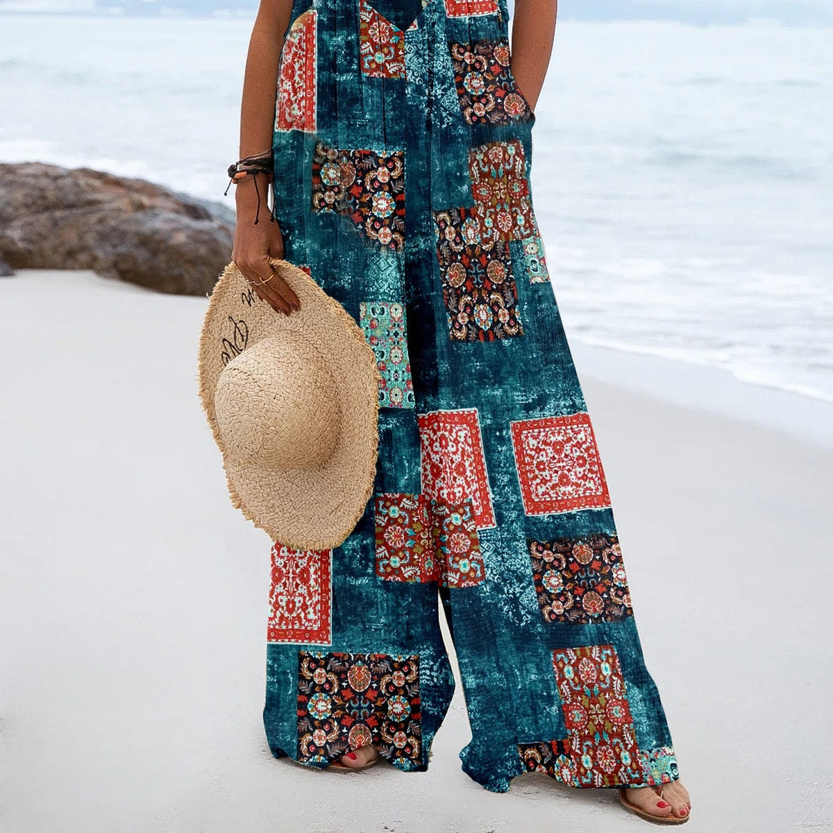 Close-up of the boho patchwork print and pockets