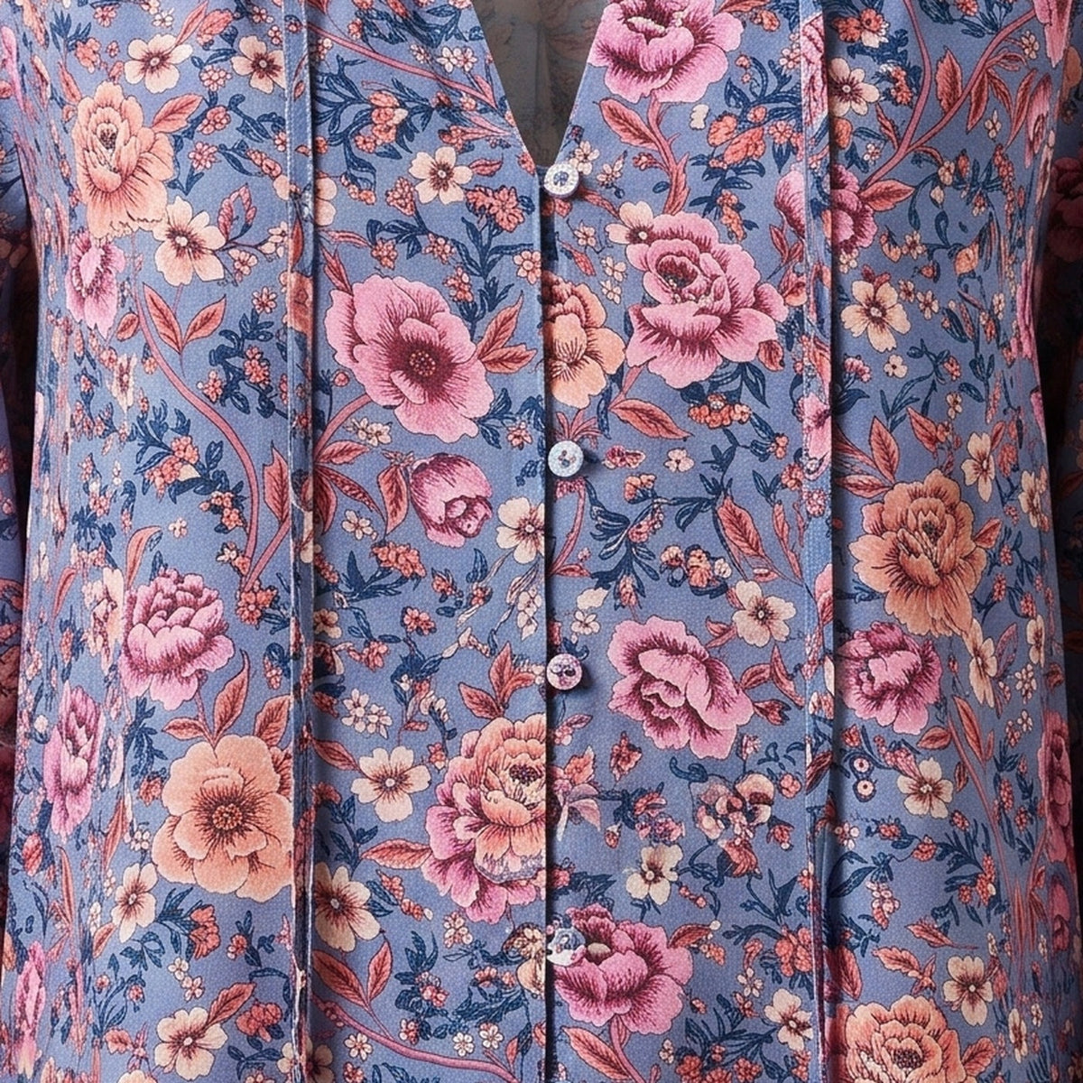 Close-up of the liberty floral print and the trim