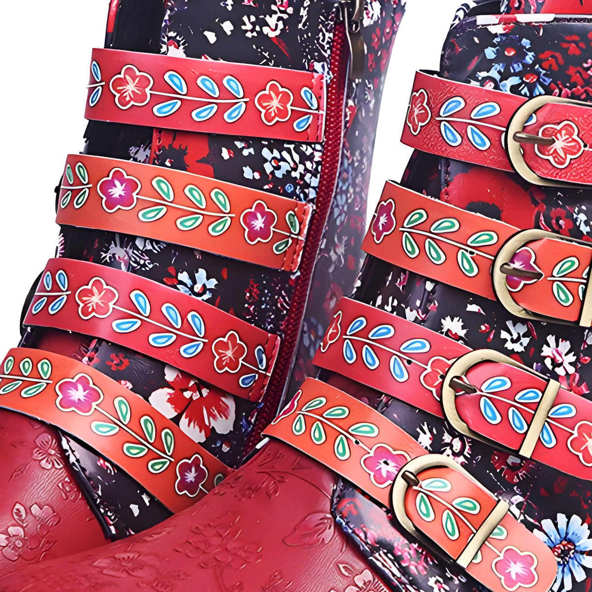 Close-up of the painted buckles, floral panel and cork sole