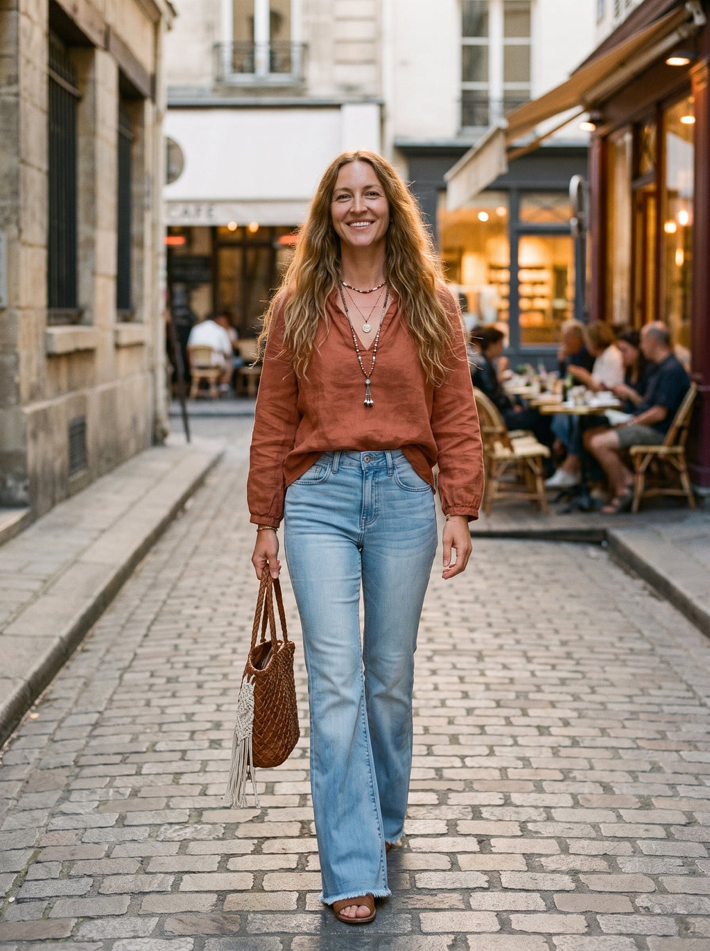 Boho Model in hellblauer Jeans-Schlaghose in der Stadt