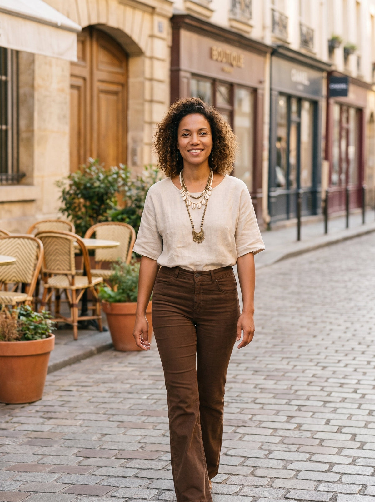 Boho bell bottom pants worn by a model in the city