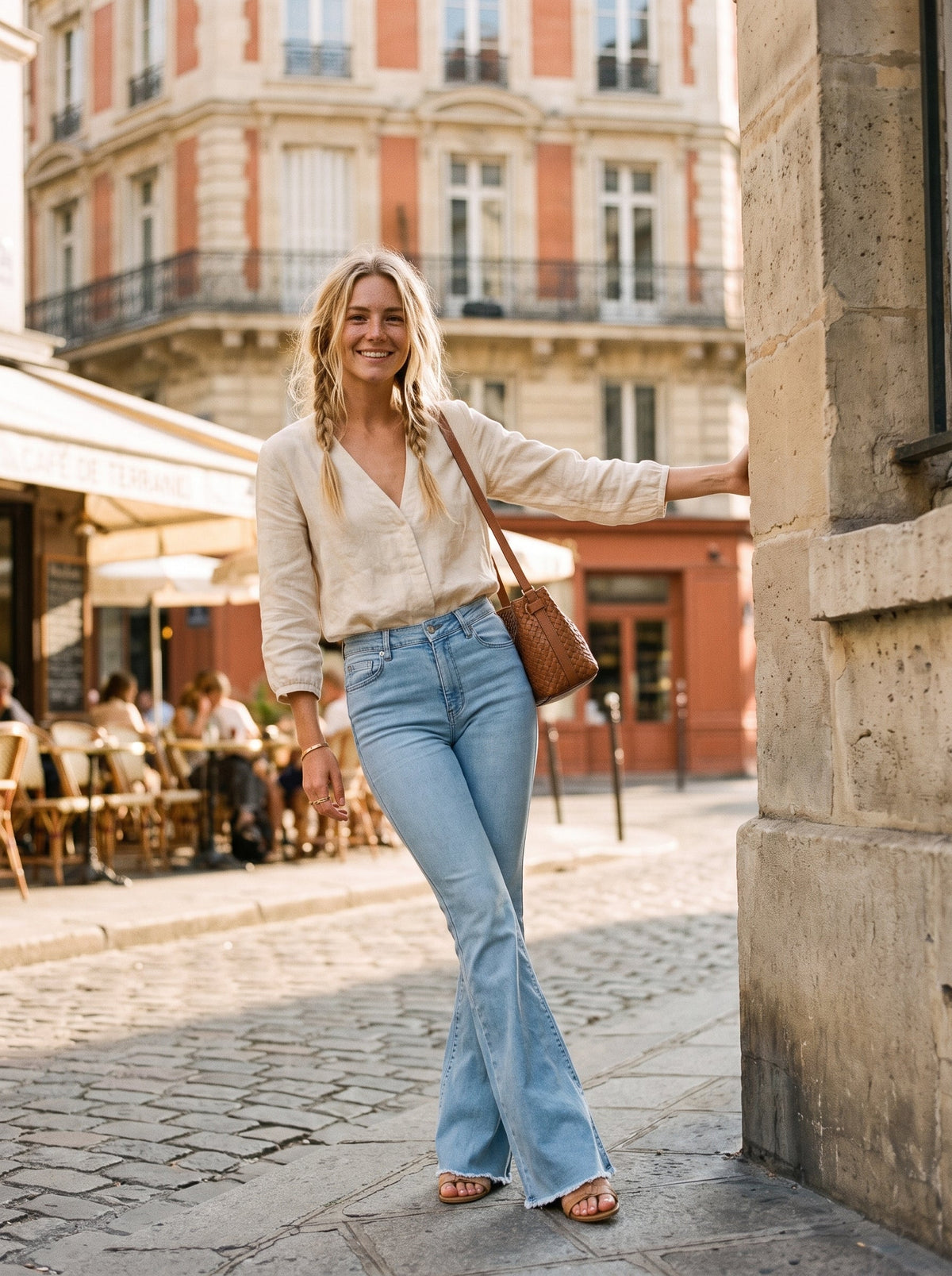 High waisted bell bottom jeans worn by a boho city model