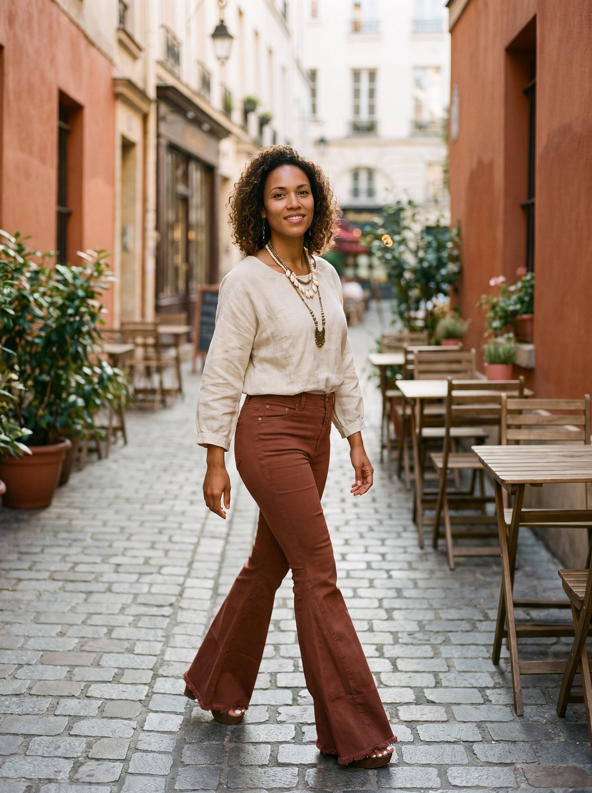 Model wearing brown bell bottom jeans on a city street