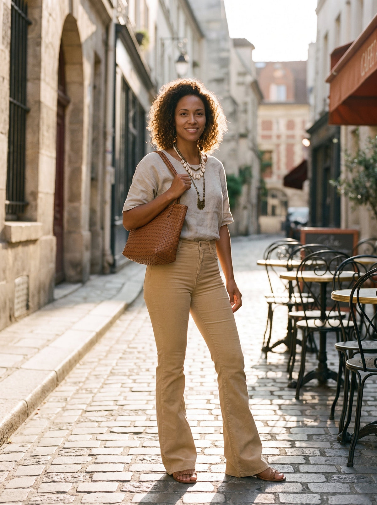 Flowy bell bottom pants worn by a boho city model
