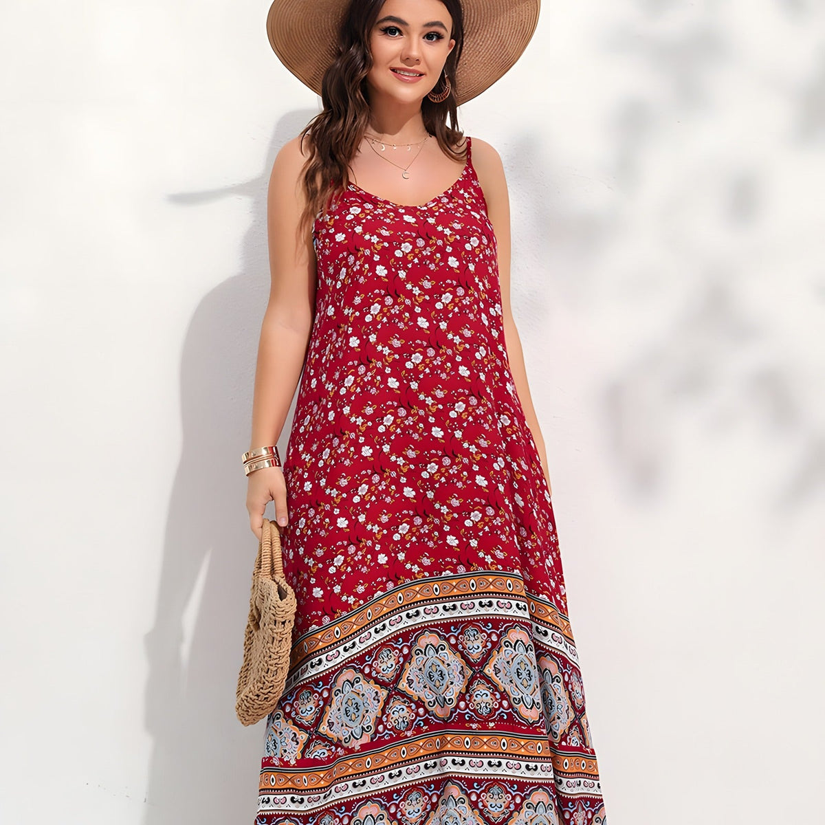 Red floral maxi dress worn, floral bodice and thin straps