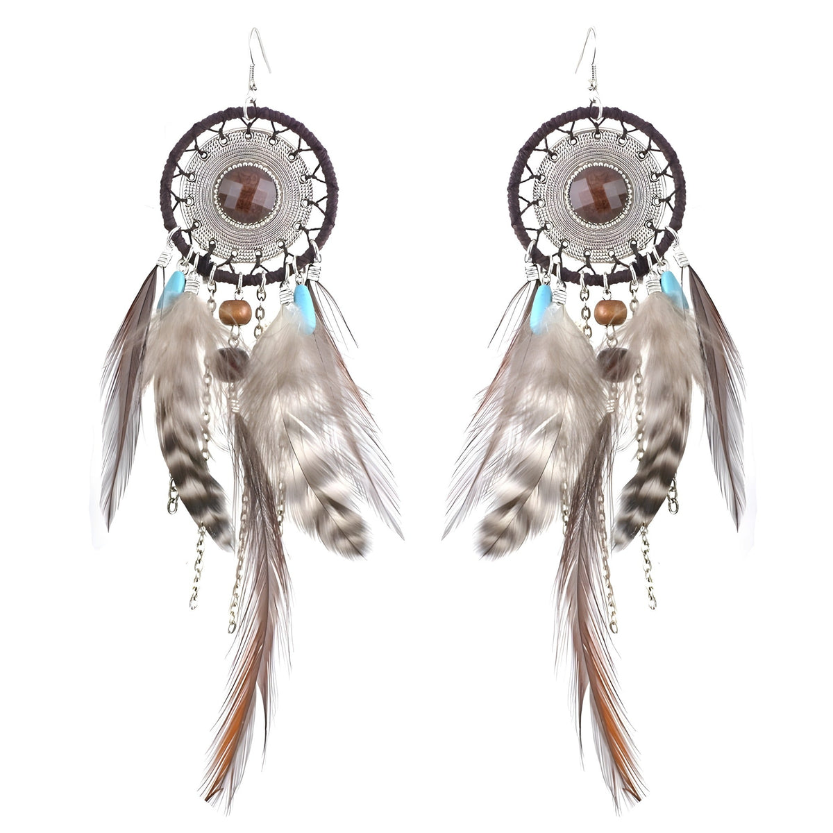 Dream catcher earrings with natural beige feathers