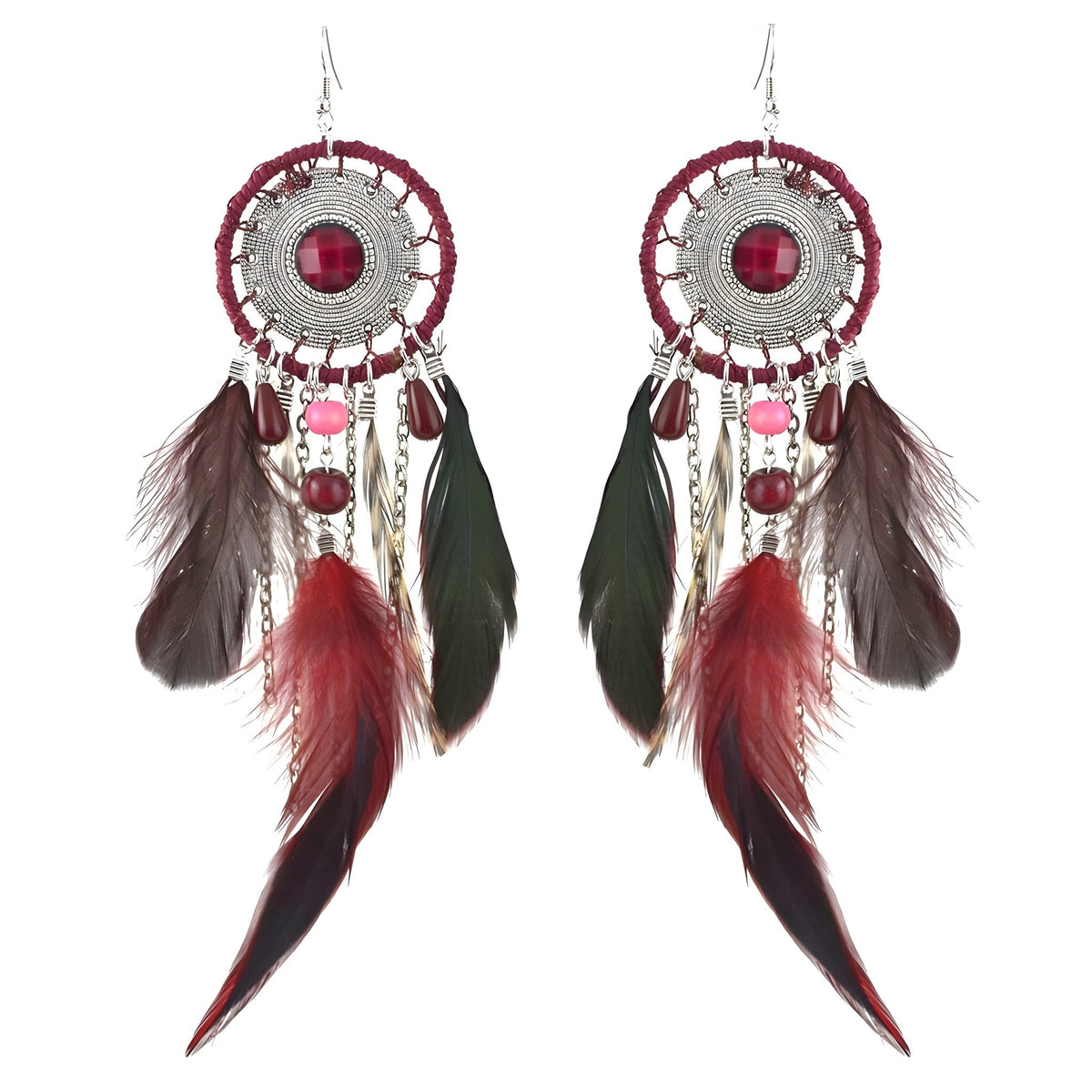 Dream catcher earrings with burgundy feathers