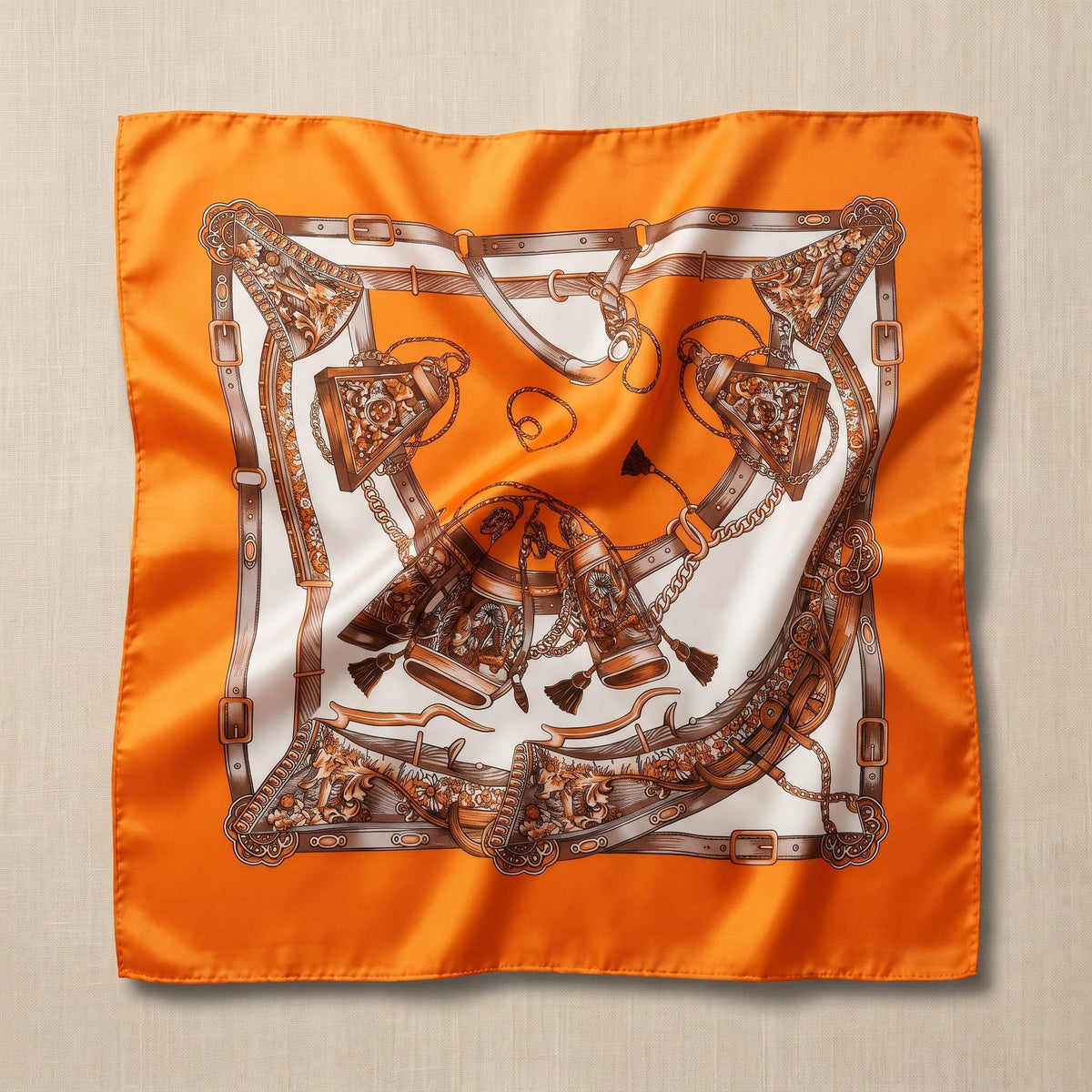 Orange satin scarf spread flat on a beige linen background