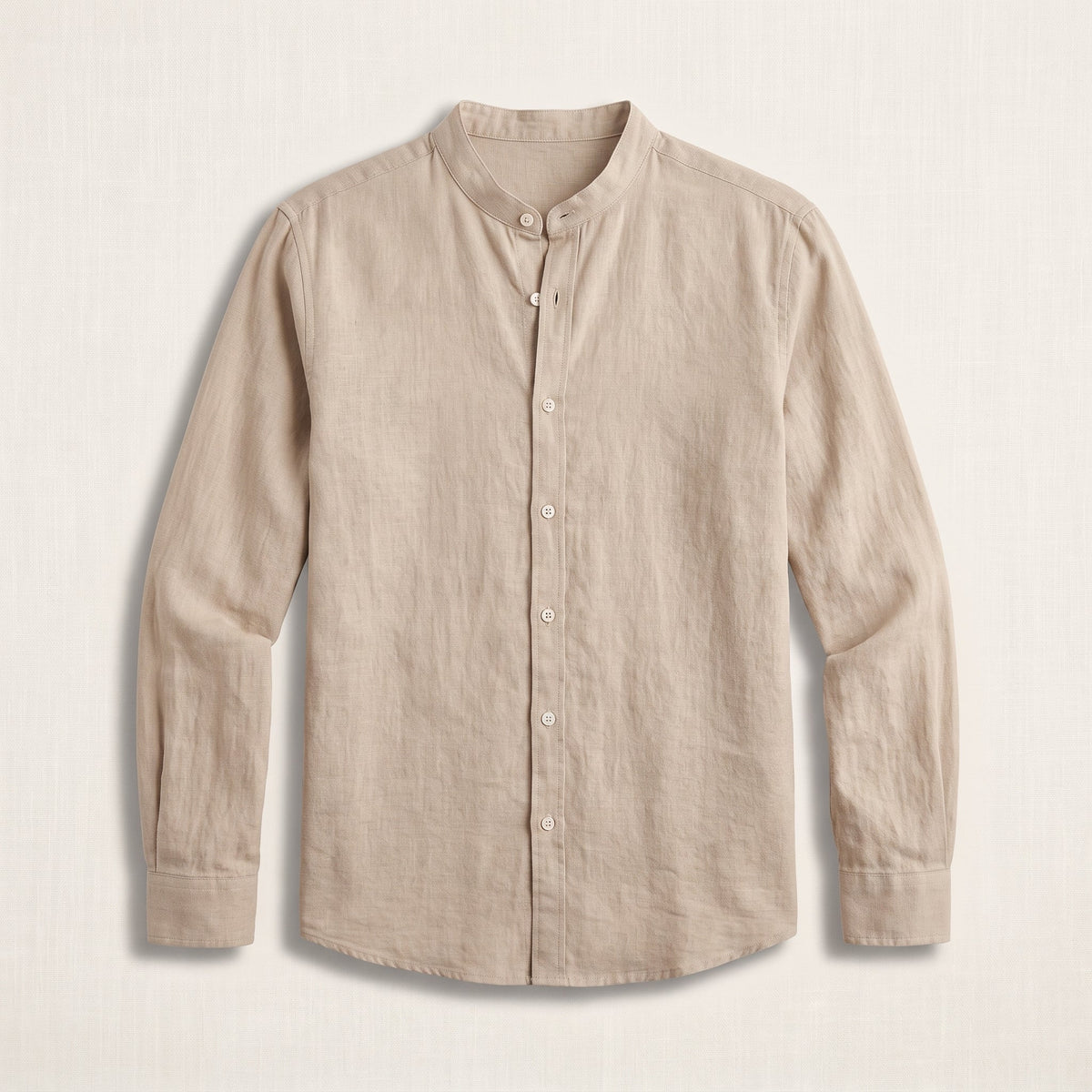 Beige linen-look shirt with mandarin collar, studio packshot