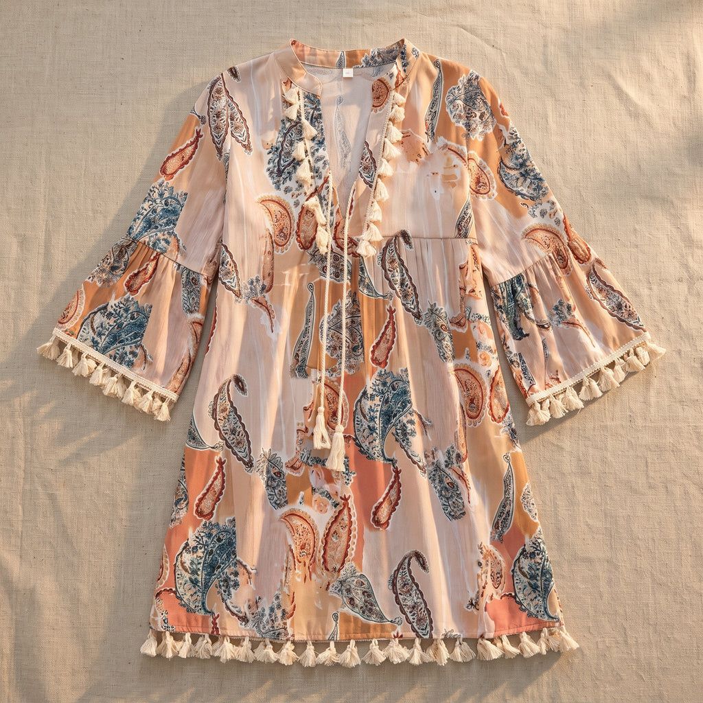 Seventies paisley dress with V-neck tie and flared sleeves