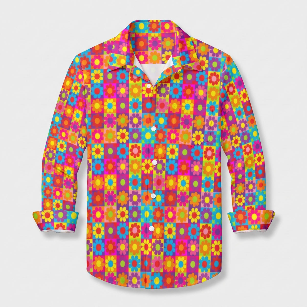 Regenboogschaakbord met madeliefjes op het hippie overhemd voor heren