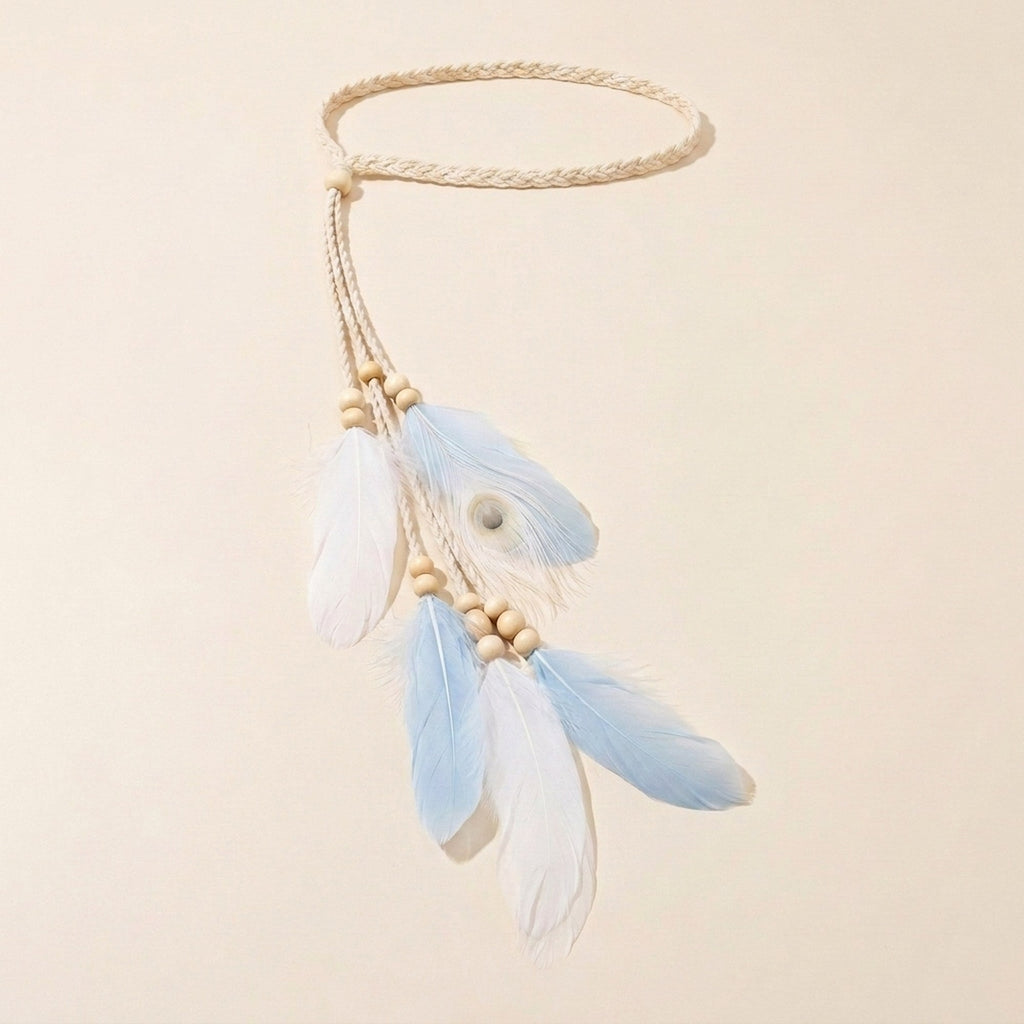 Feather hippie headband with braided cord and wood beads, flat lay
