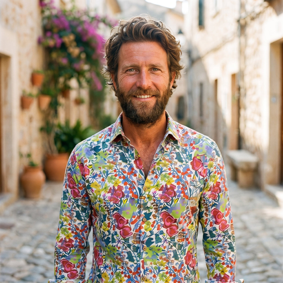 Smiling model wearing the blue colorway of the floral shirt