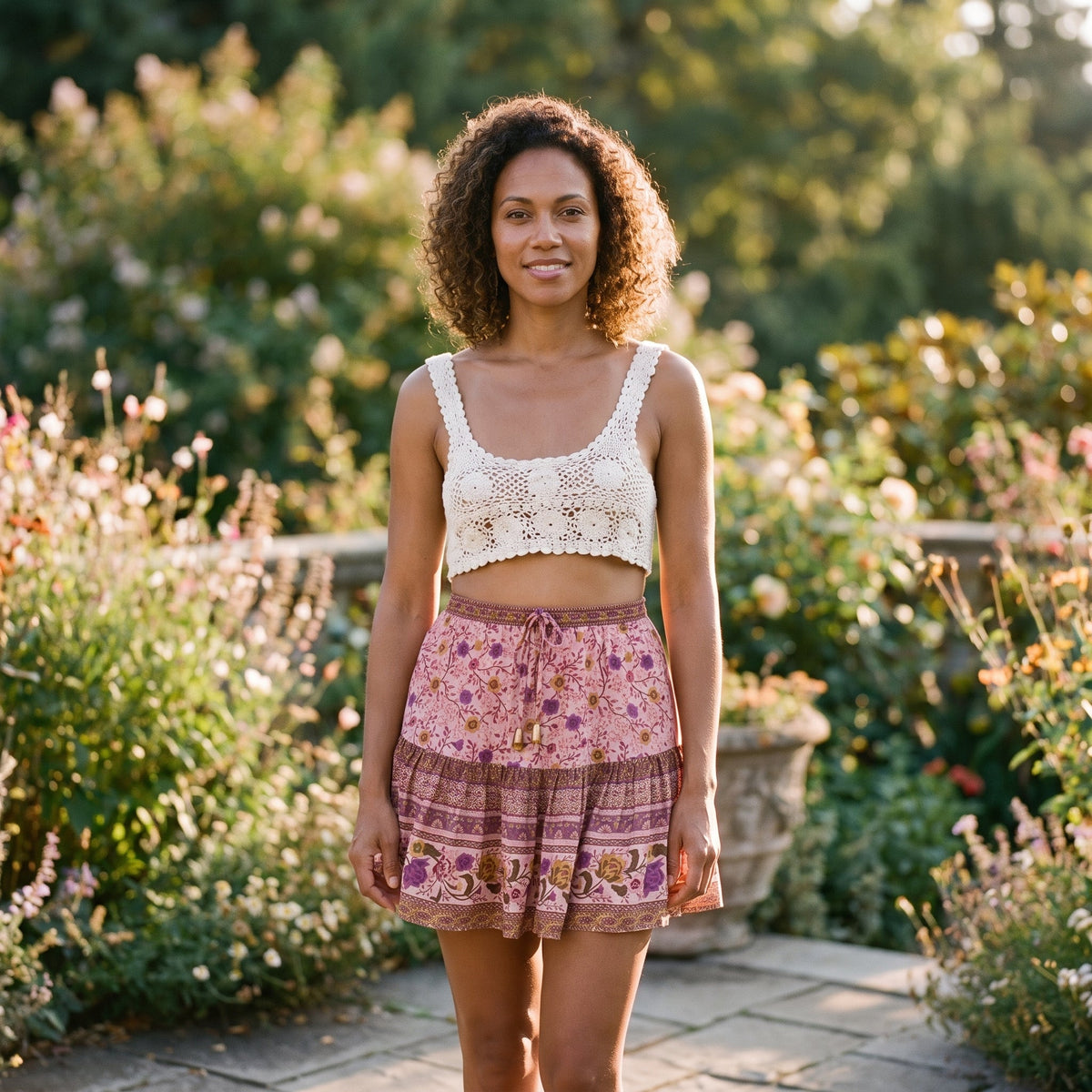Pink floral boho mini skirt worn by a smiling model in a garden