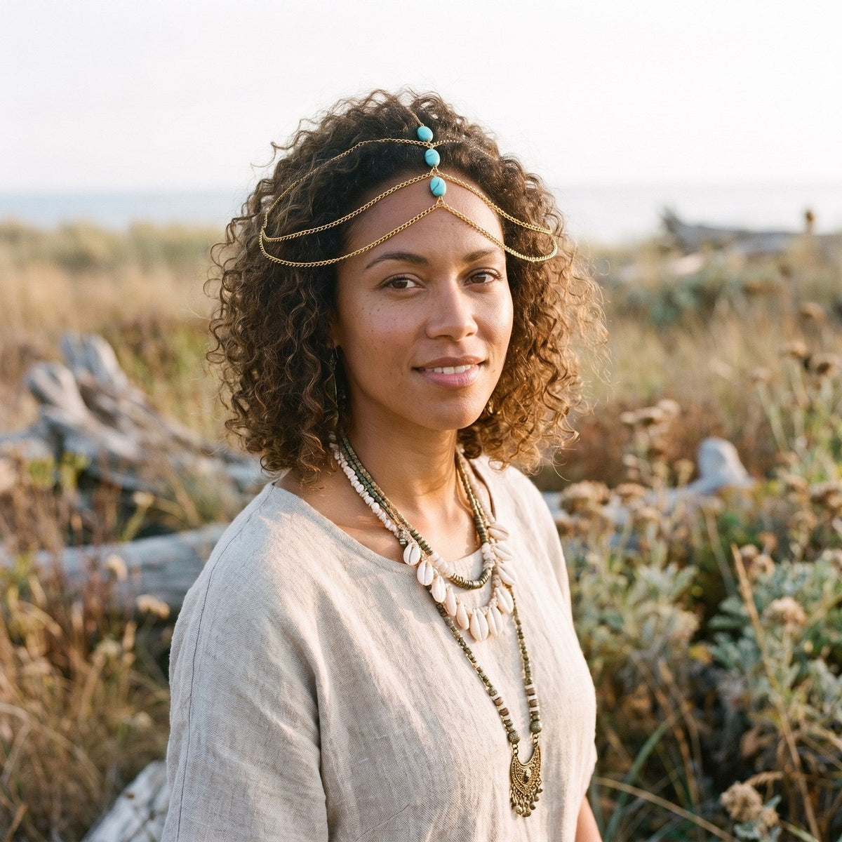 Turquoise head chain worn across the forehead, boho goddess look