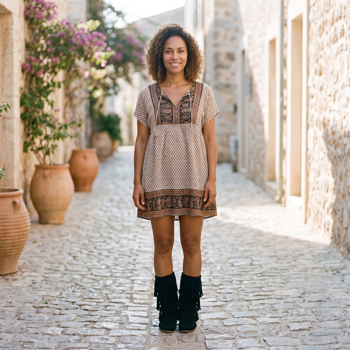 Smiling model wearing black suede fringe hippie boots in alley