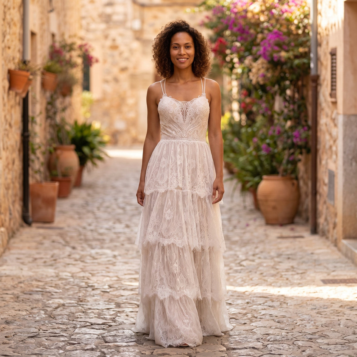 Ruffled boho lace wedding dress worn by a smiling model outdoors