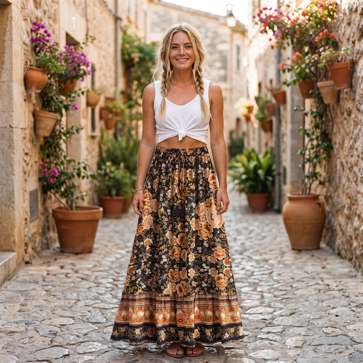Lächelndes Model im schwarzen geblümten Boho Hippie Rock