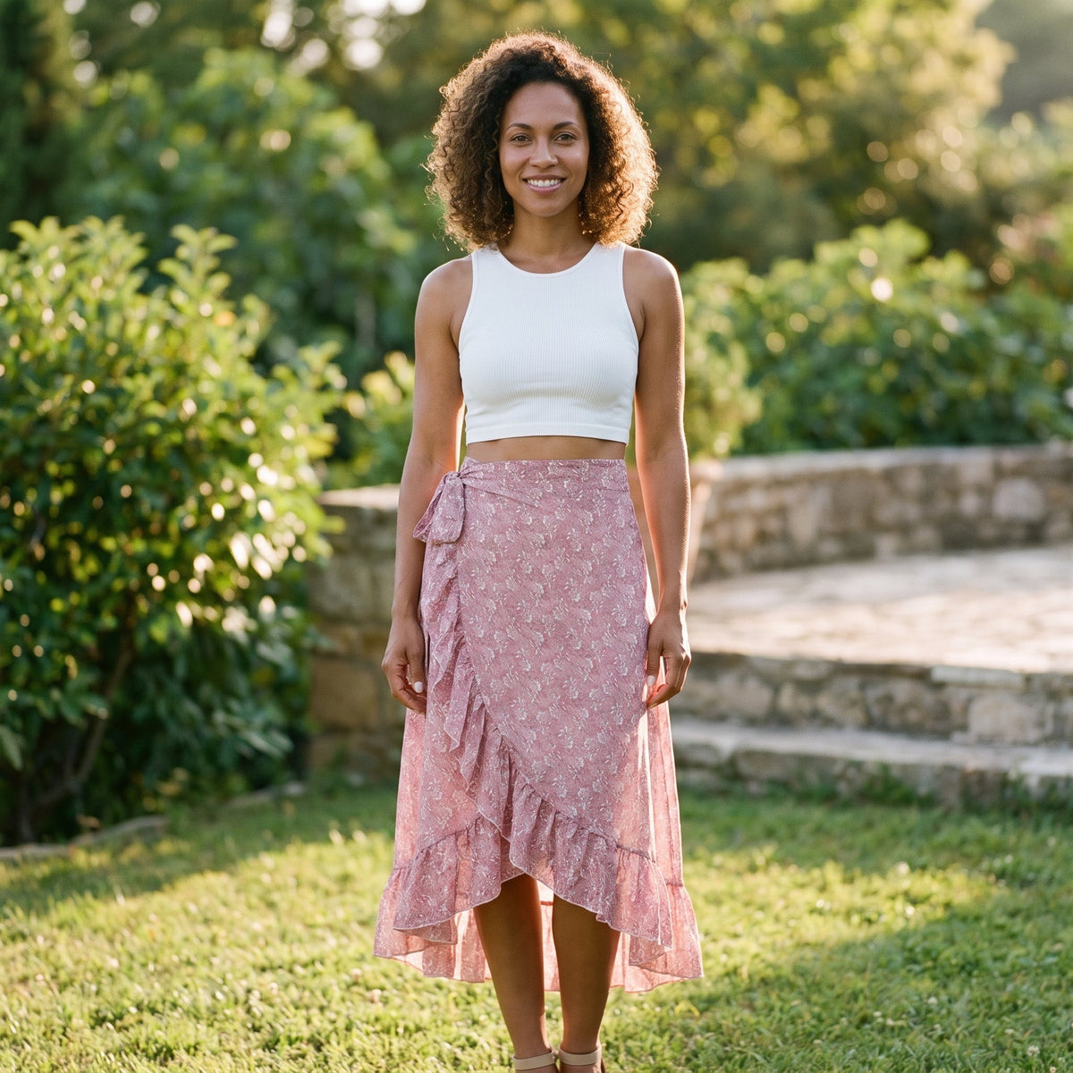 Pink floral wrap midi hippie skirt worn in a garden