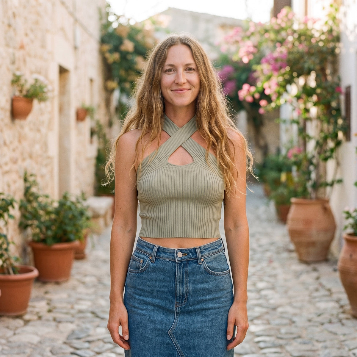 Sage green ribbed cross-front halter crop top worn by a smiling model