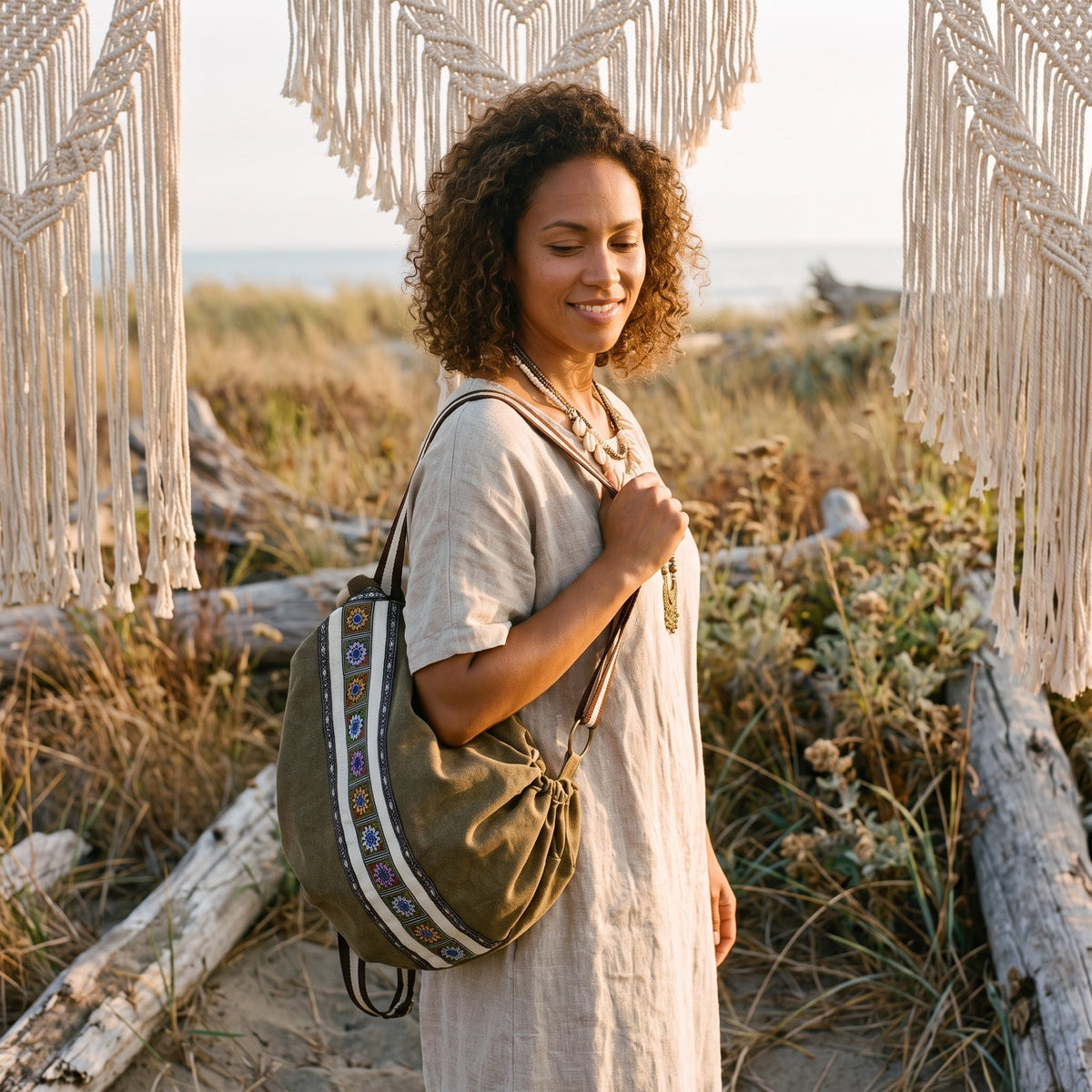 Khaki canvas hippie backpack bag worn on the shoulder