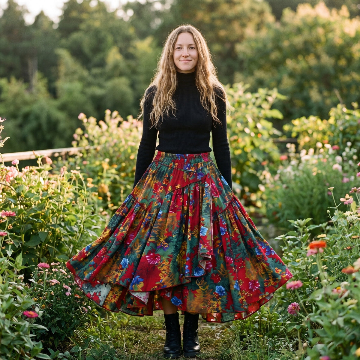 Blomstret boho maxinederdel til vinter båret med sort sweater og ankelstøvler