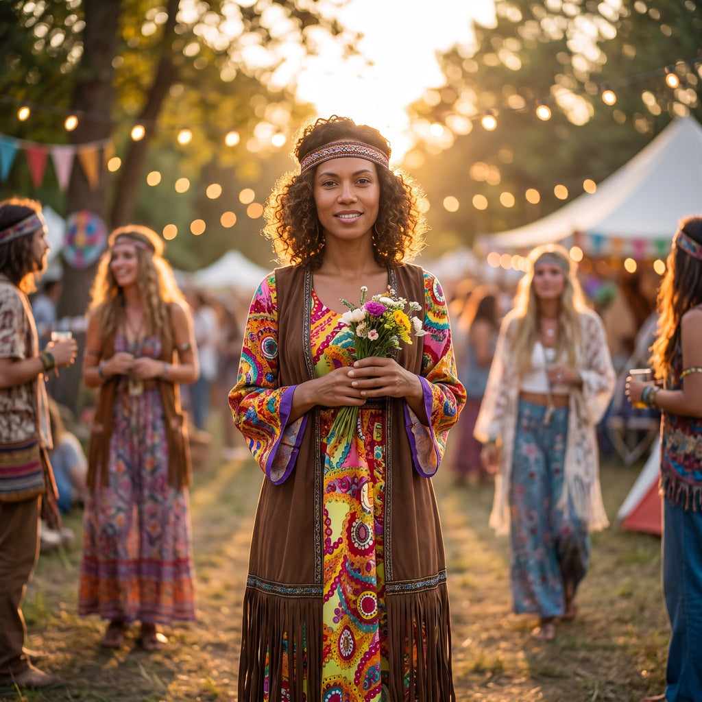 Disfraz hippie flower power con chaleco largo de flecos y diadema