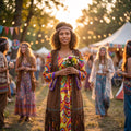 Disfraz hippie flower power con chaleco largo de flecos y diadema