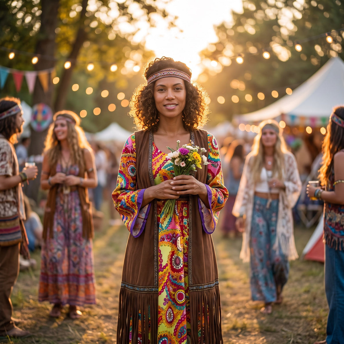 Disfraz hippie flower power con chaleco largo de flecos y diadema