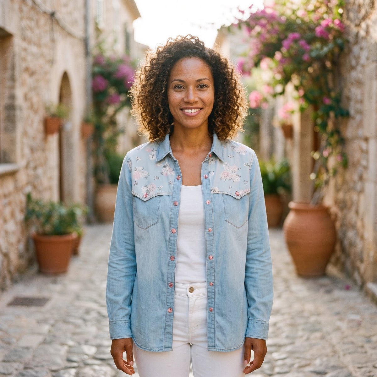 Smiling woman in an alley wearing the floral denim boho shirt