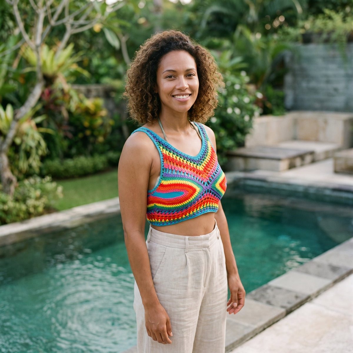 Blauwe gehaakte crop top in regenboogkleuren, gedragen bij het zwembad