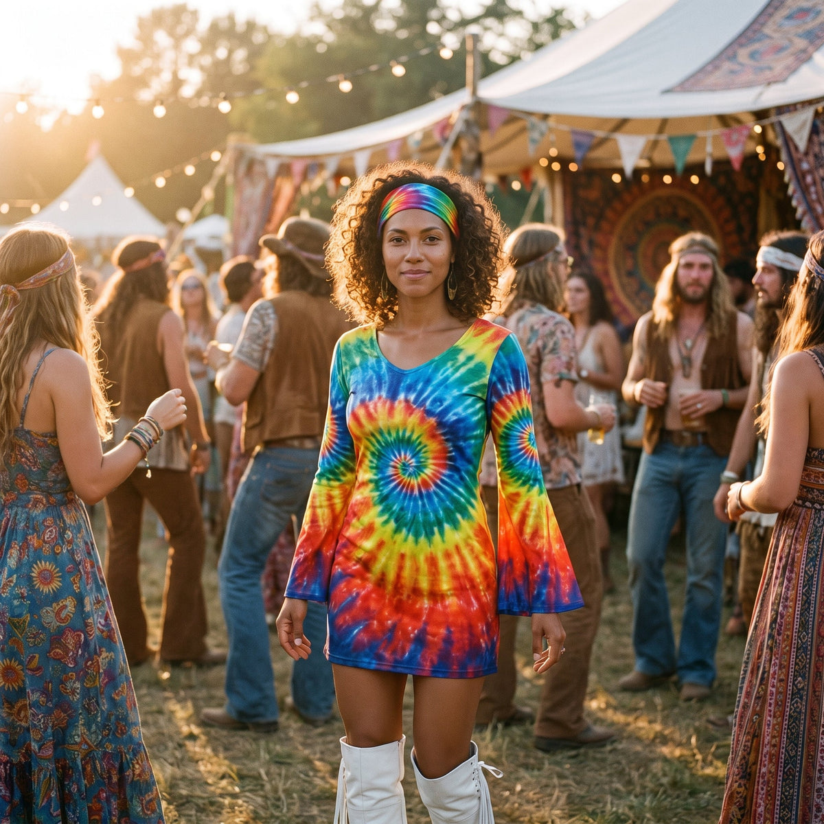 Women's tie-dye hippie costume dress worn with matching headband