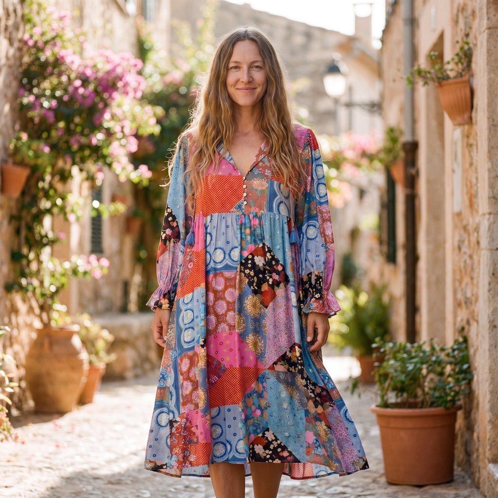 Lilafarbenes Patchwork Boho Midikleid mit Blumen am lächelnden Model draußen