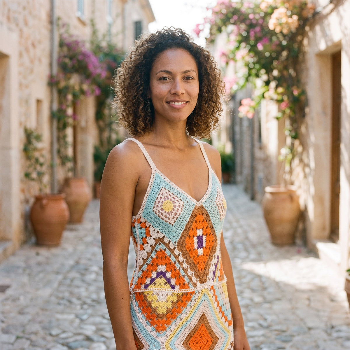 Smiling model wearing multicolor crochet boho dress in Mediterranean alley