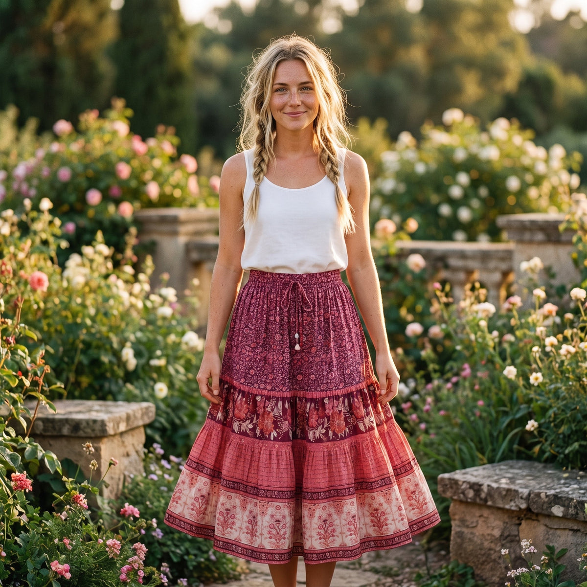 Smiling model wearing the red tiered ruffle midi skirt