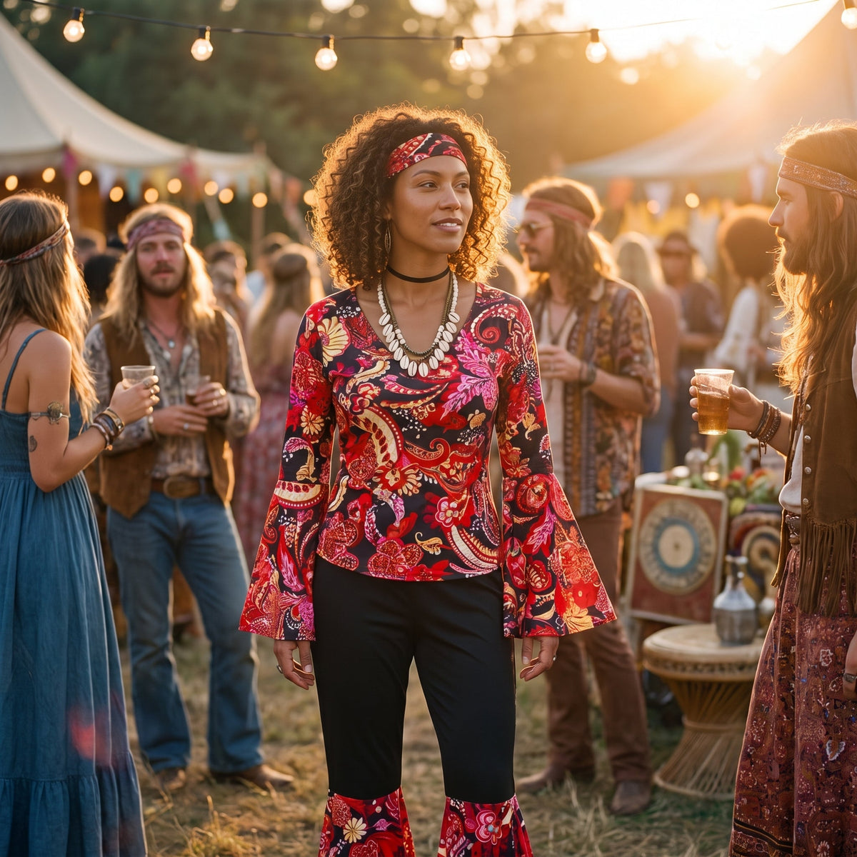 Retro hippie costume with red paisley tunic and black bell bottoms