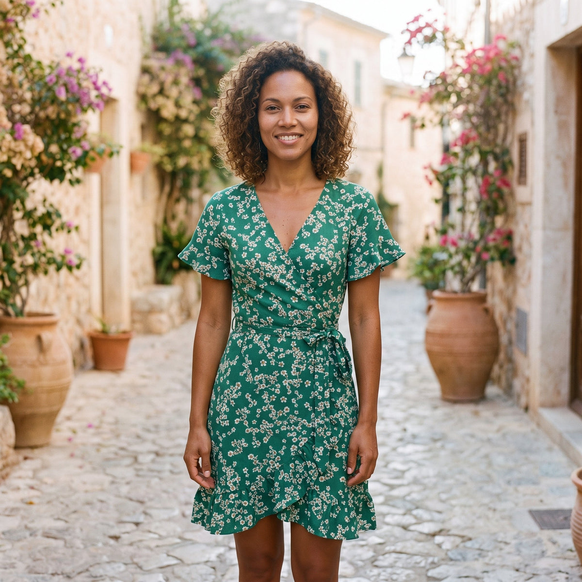 Smiling model wearing the green floral wrap hippie dress